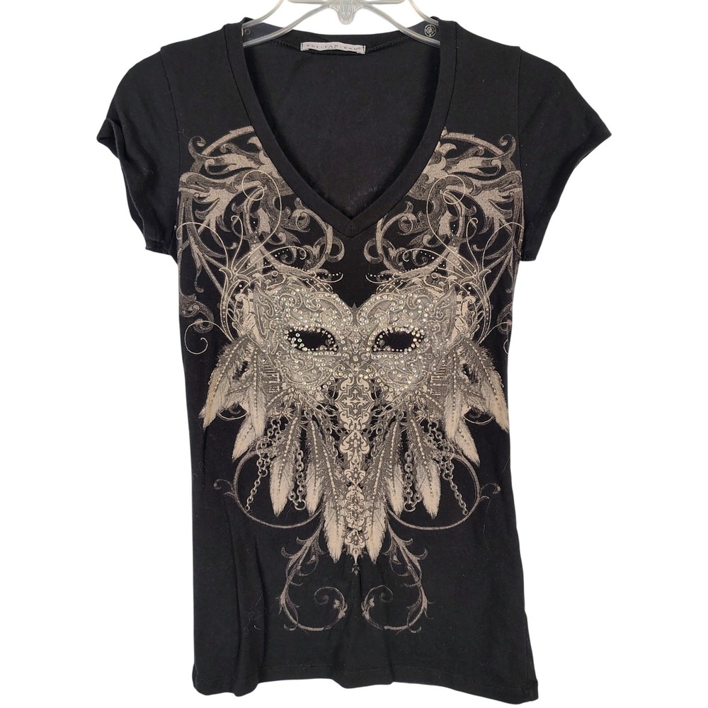 Bui Yah Kah Womens M Masquerade Mask Graphic Tee Black Rhinestone Gothcore Y2K